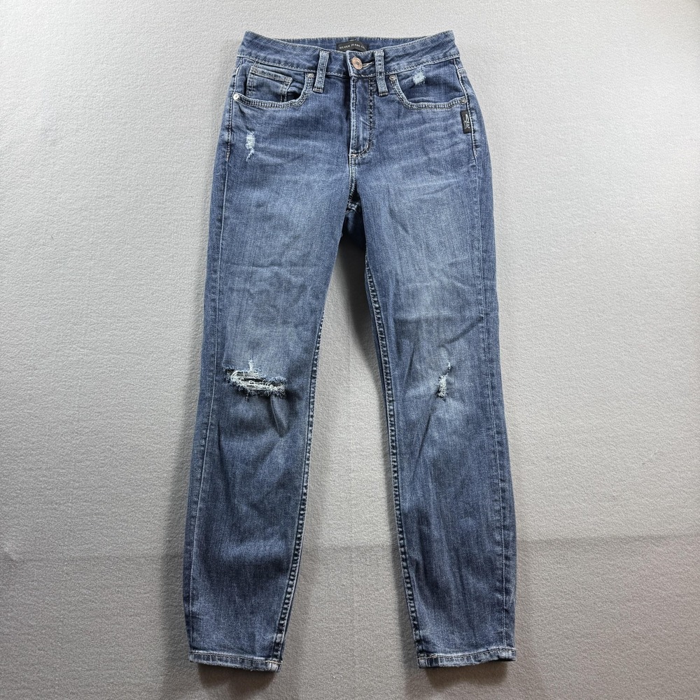 Silver Jeans Co. Avery Skinny Crop Jeans Womens 27/26 Blue Distressed Stretch